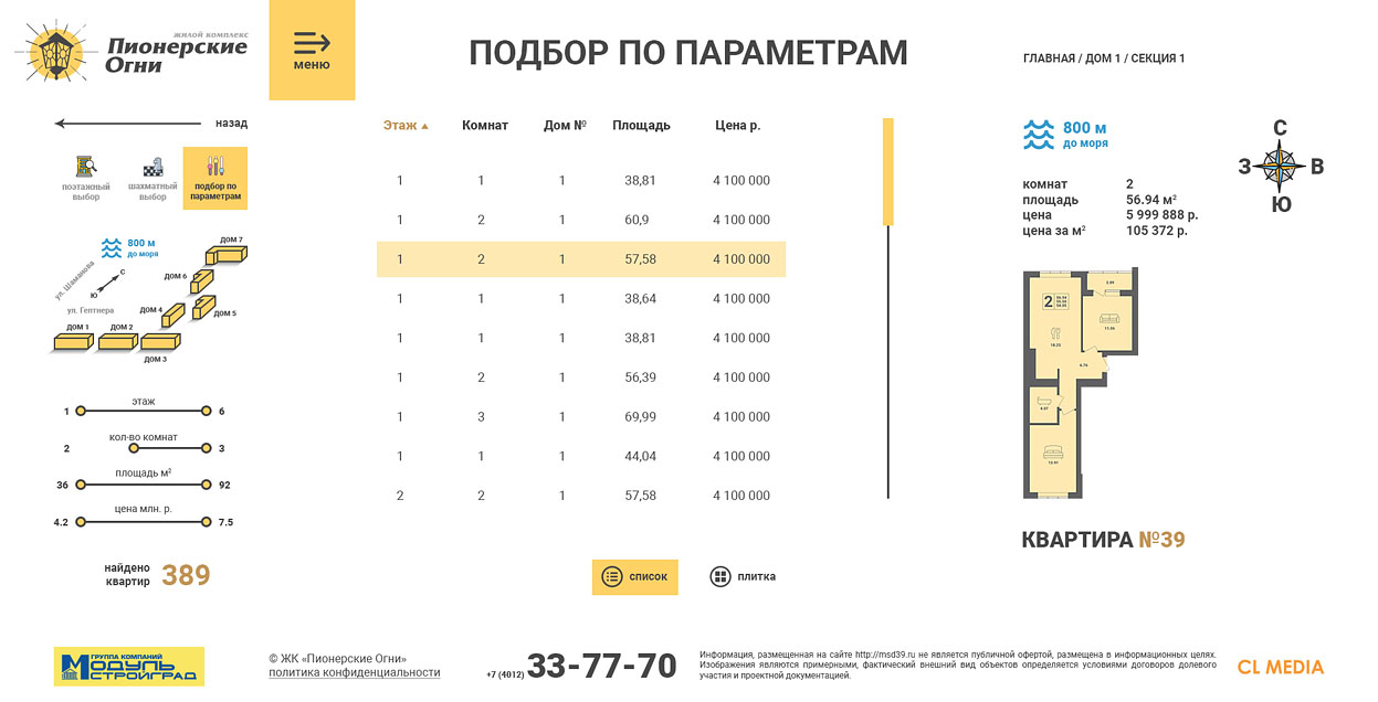 ЖК Пионерские Огни Подбор по параметрам