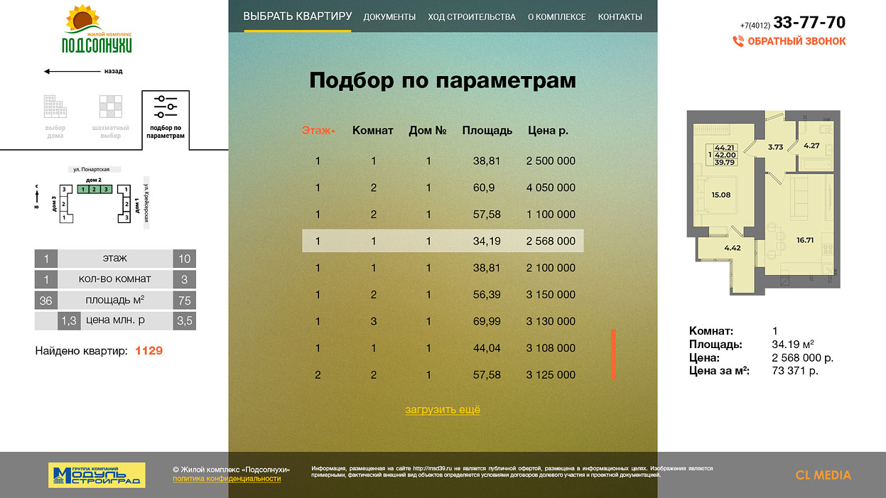ЖК Подсолнухи Подбор по параметрам